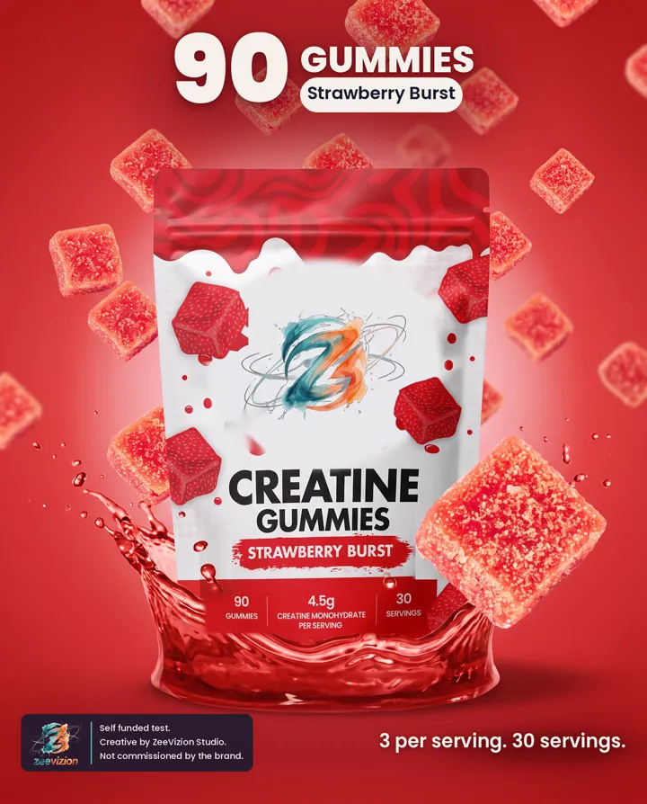 Static ad: creatine gummies pouch with flying gummies, 90 gummies, Strawberry Burst