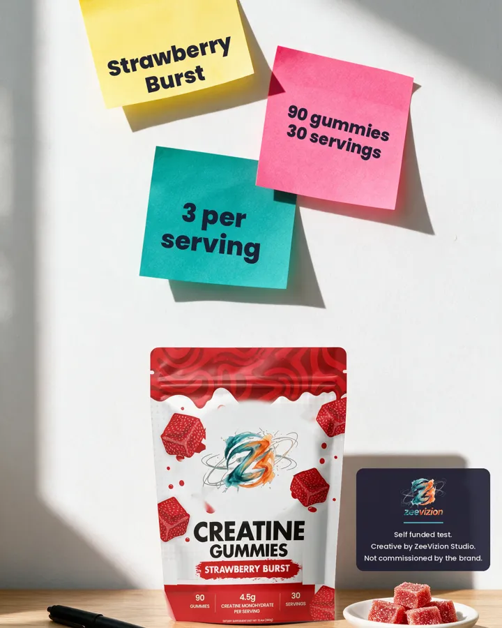 Static ad: sticky notes with label facts above the gummies pouch
